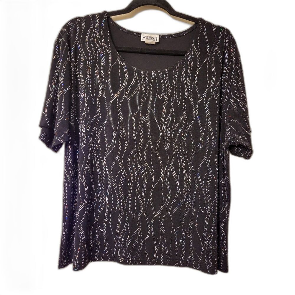Vintage‎ Western II Connection Black Rhinestone Design Short Sleeve Top Women 2X